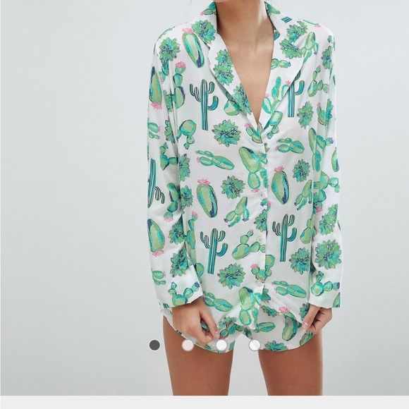 ASOS DESIGN Cactus 100% Modal Traditional Shirt & Short Pajama Set - Picture 1 of 6